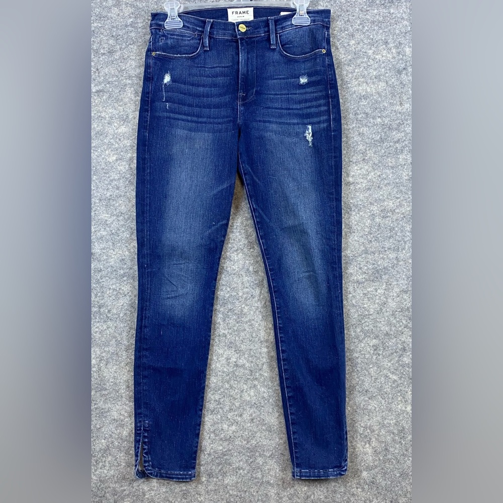 Frame Le High Skinny Curve Slit Side Bustle Distressed Mid Rise Size 28